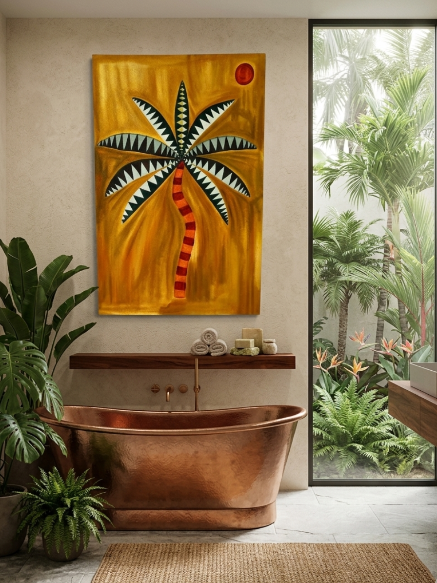Solaris Palms: 110x70 Abstract Hand-Painted Ochre Canvas