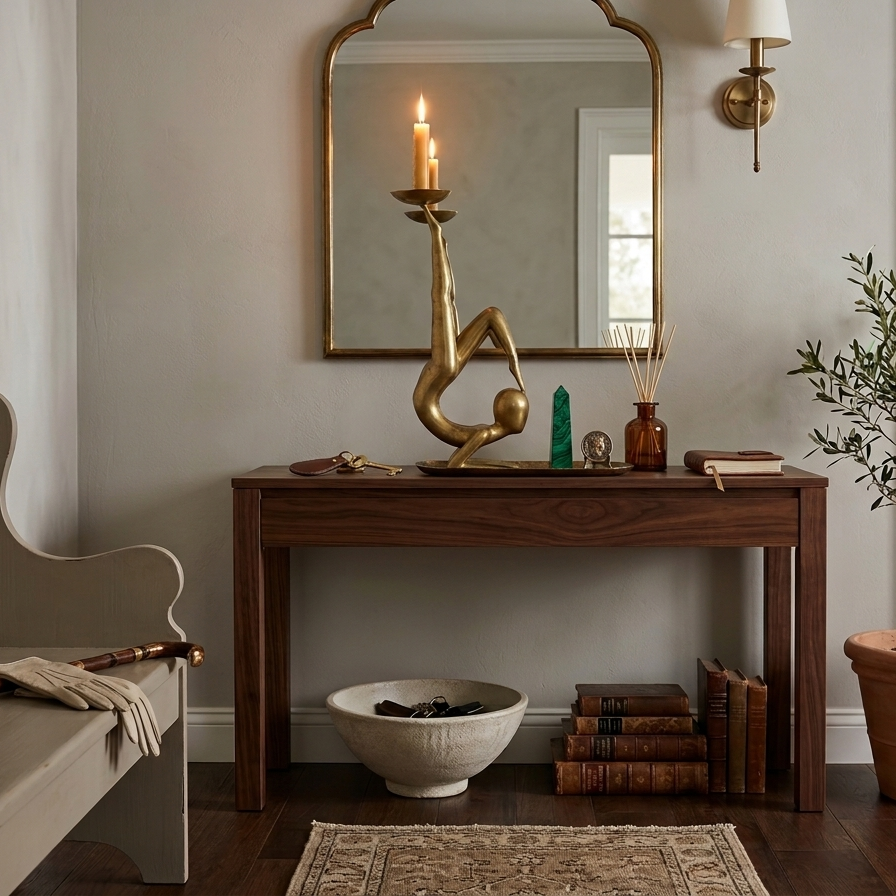 Vintage solid brass candlestick holder shaped like a contortionist gymnast in a chin-stand pose, balancing a candle dish on one raised foot In a console table behind the mirror.