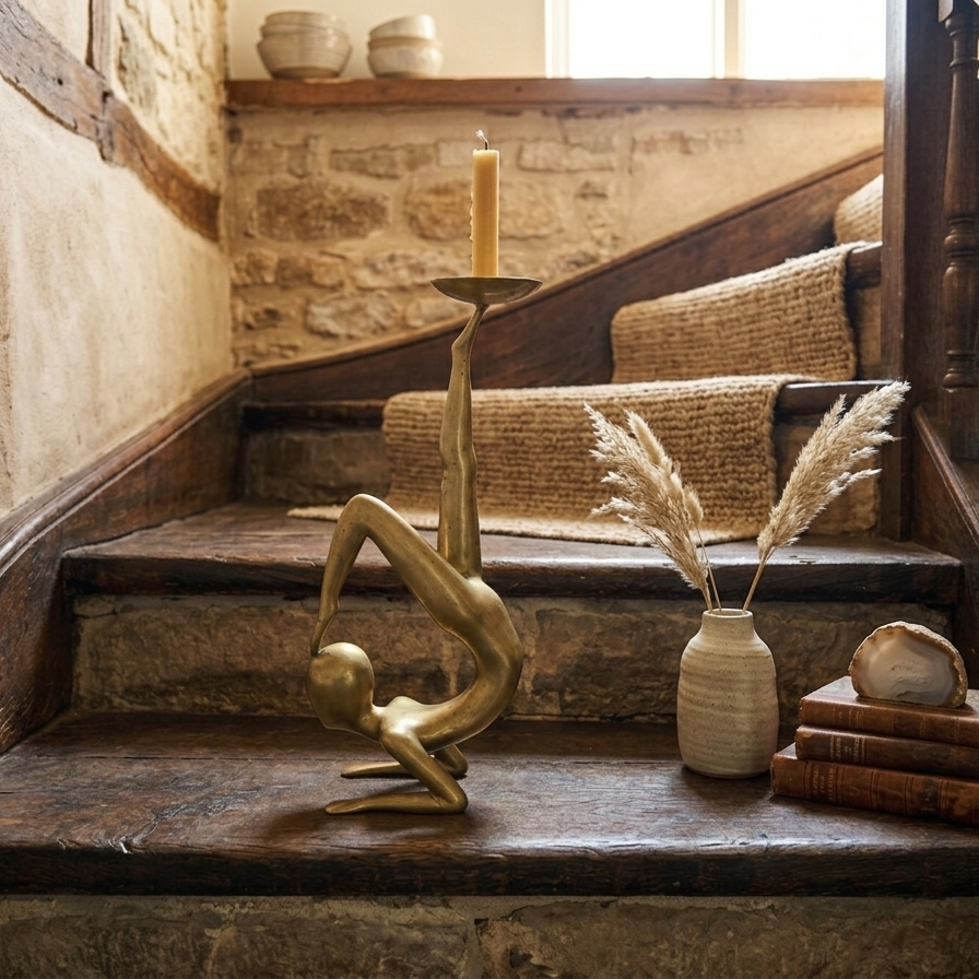 Vintage solid brass candlestick holder shaped like a contortionist gymnast in a chin-stand pose, balancing a candle dish on one raised footIn a starecase.