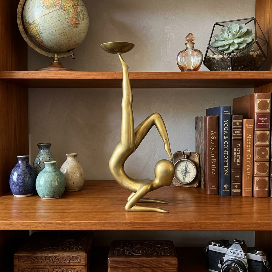 Vintage solid brass candlestick holder shaped like a contortionist gymnast in a chin-stand pose, balancing a candle dish on one raised foot In a shelf.