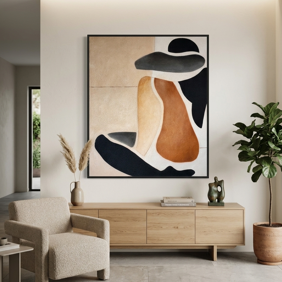 Large-scale textured abstract painting featuring organic silhouettes in terracotta, sand, and charcoal black. Minimalist wall art with a sand-plastered finish and earthy tones, perfect for wabi-sabi or modern natural interior design.