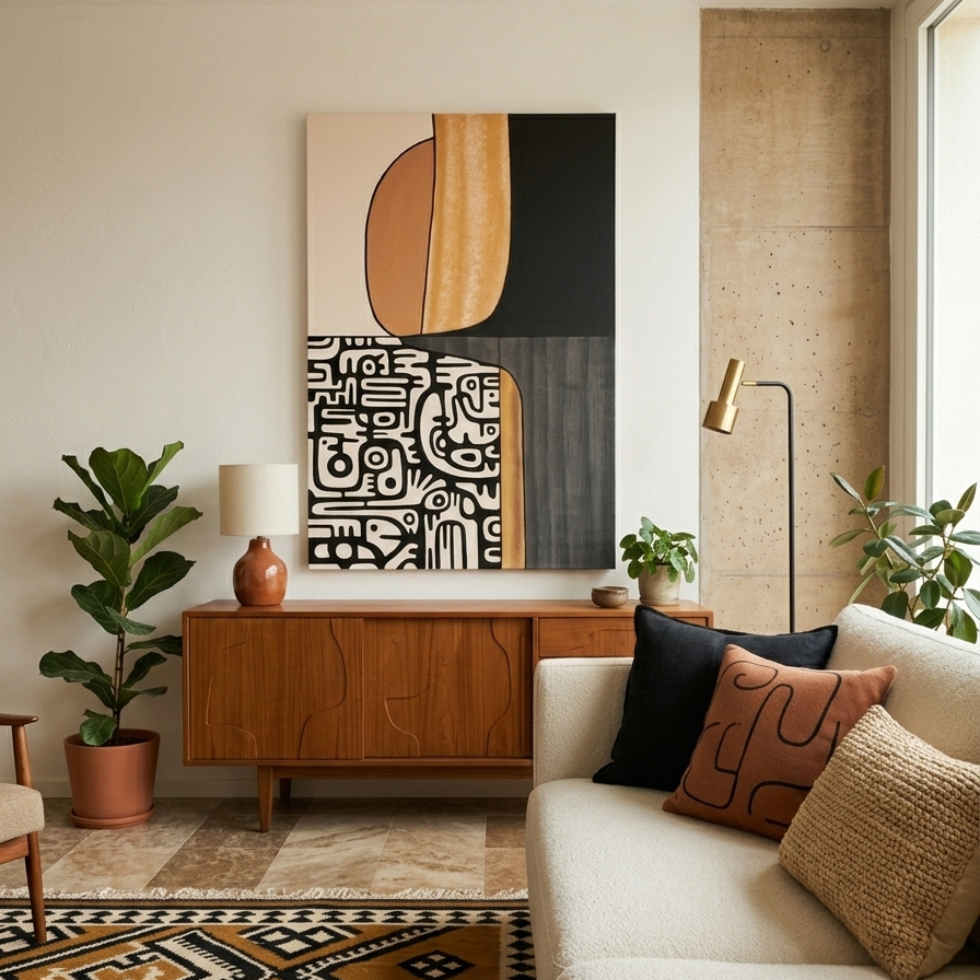Vertical textured wall art with a top half of solid charcoal and sand-colored curved shapes, and a bottom half showcasing intricate monochromatic hand-drawn doodles and geometric symbols.