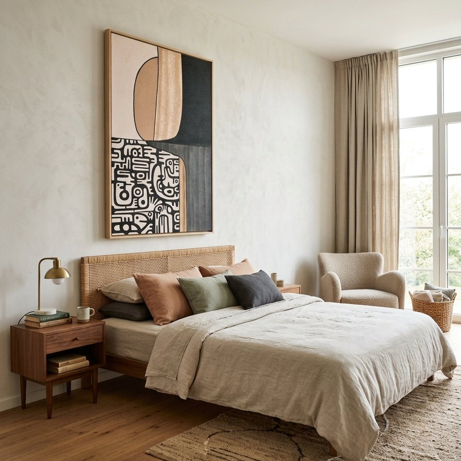 Vertical textured wall art with a top half of solid charcoal and sand-colored curved shapes, and a bottom half showcasing intricate monochromatic hand-drawn doodles and geometric symbols.