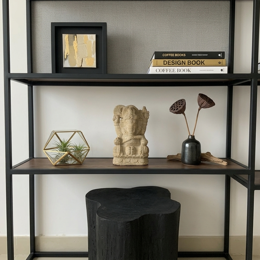 Minimalist home decor featuring a stone Ganesha sculpture on a sleek black metal bookshelf alongside a geometric terrarium and modern vases.